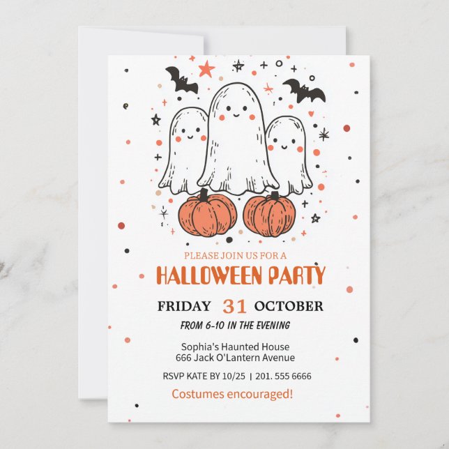 Invitación Halloween con ghost y calabaza (Anverso)
