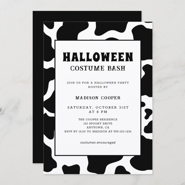 Invitación Halloween con moderno traje de impresión de vaca b (Anverso / Reverso)