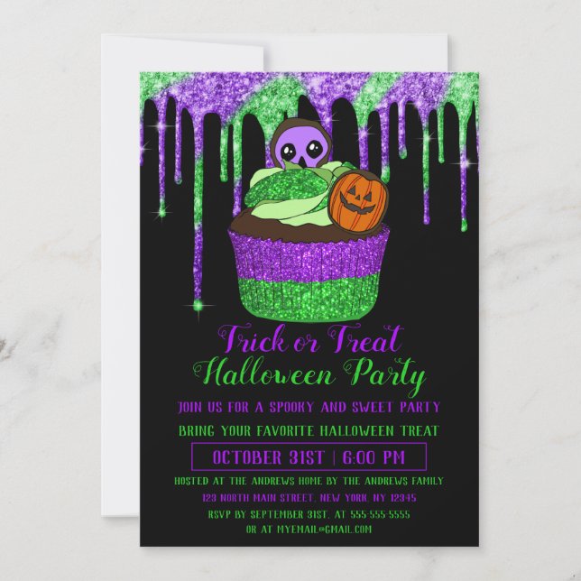 Invitación Halloween con pastel de Purpurina verde morado neó (Anverso)