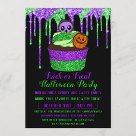 Invitación Halloween con pastel de Purpurina verde morado neó