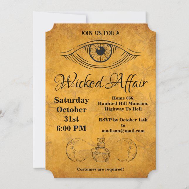 Invitación Halloween con patrón de cosecha de polilla dorada (Anverso)