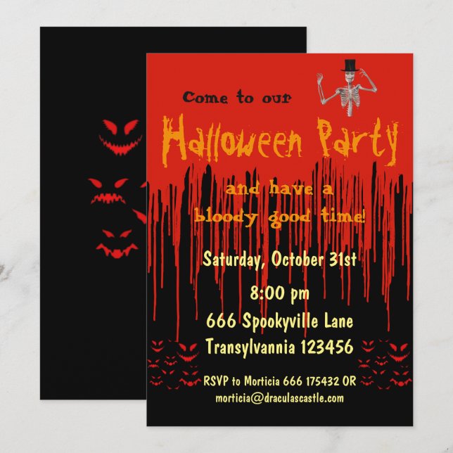 Invitación Halloween con sangre goteante (Anverso / Reverso)