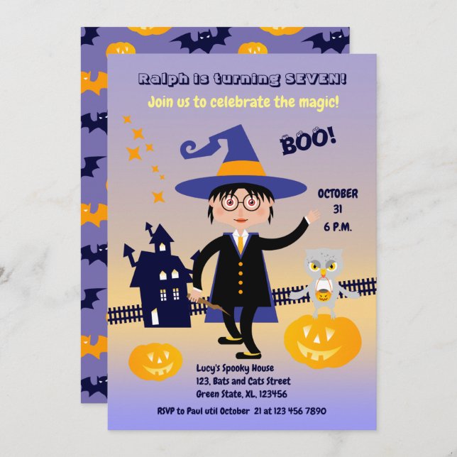 Invitación Halloween Costume Boy Wizard Fiesta de cumpleaños (Anverso / Reverso)
