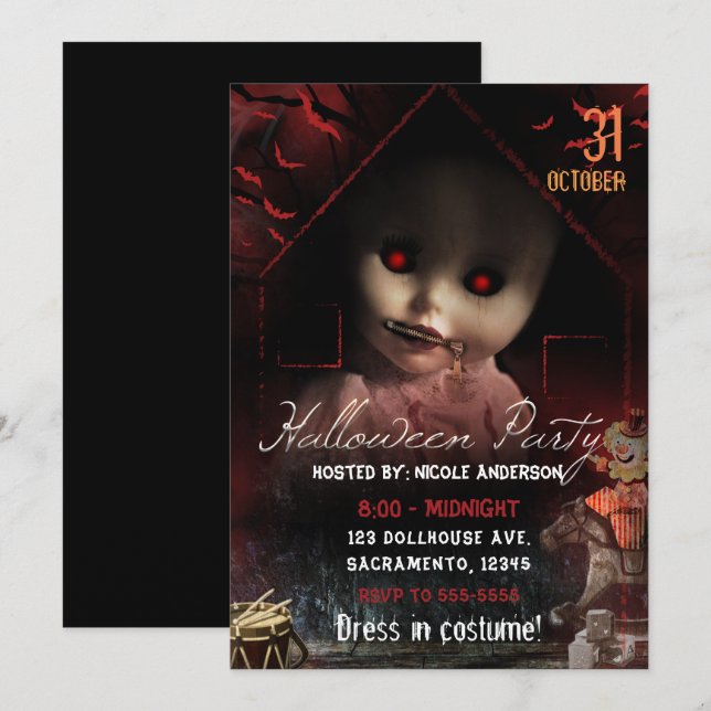 Invitación Halloween Creepy Haunted Doll Fiesta (Anverso / Reverso)