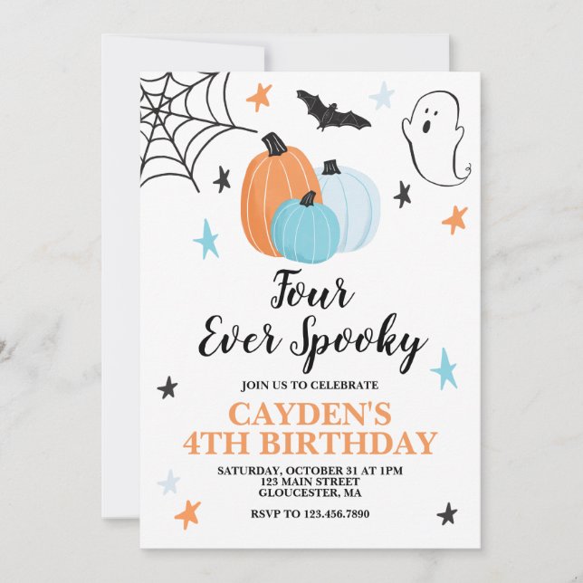 Invitación Halloween cuatro calabazas de cumpleaños espeluzna (Anverso)