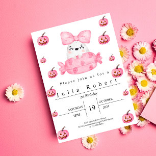 Invitación Halloween Cumpleaños acuarela calabaza rosa fantas