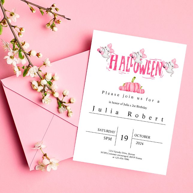 Invitación Halloween Cumpleaños acuarela rosa calabaza fantas (Subido por el creador)