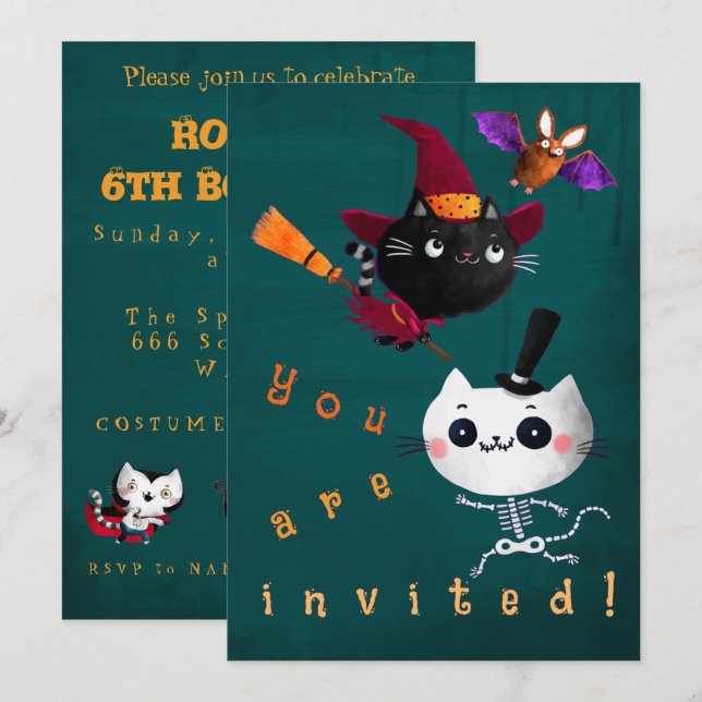 Invitación Halloween Cumpleaños Brujas Gatos Murciélagos Vamp (Anverso / Reverso)