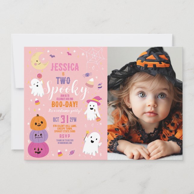 Invitación Halloween Cumpleaños DOS Chicas Fiesta Ghosts Pump (Anverso)