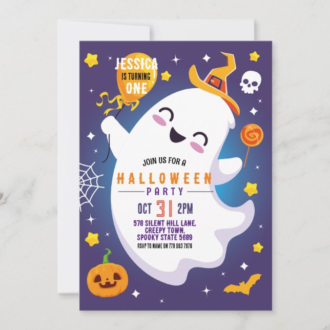 Invitación Halloween Cumpleaños Fantasma Feliz Diversión (Anverso)