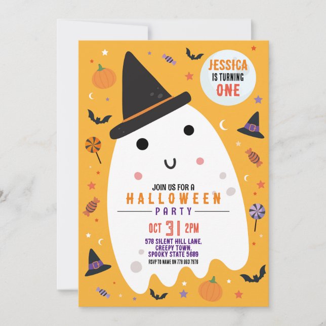 Invitación Halloween Cumpleaños Ghost Happy Fun (Anverso)