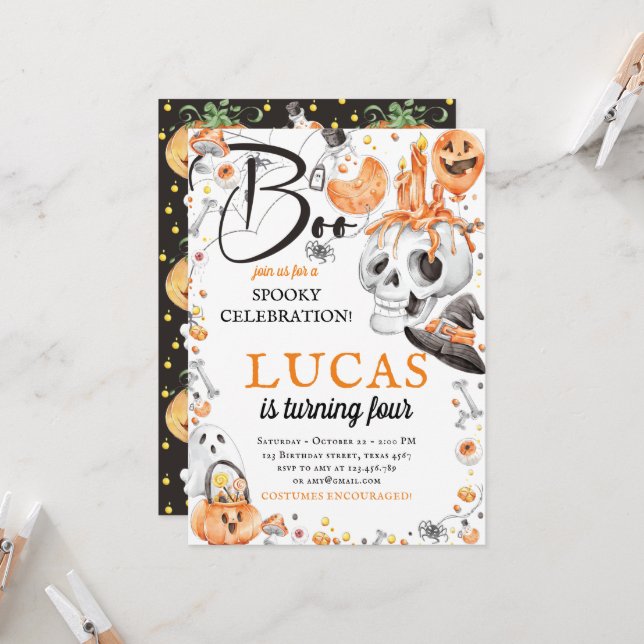 Invitación Halloween Cumpleaños Naranja Negro (Anverso/Reverso In Situ)