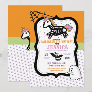 Invitación Halloween Cumpleaños Niños Unicorn Skeleton Bats
