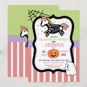 Invitación Halloween Cumpleaños Niños Unicorn Skeleton Fun