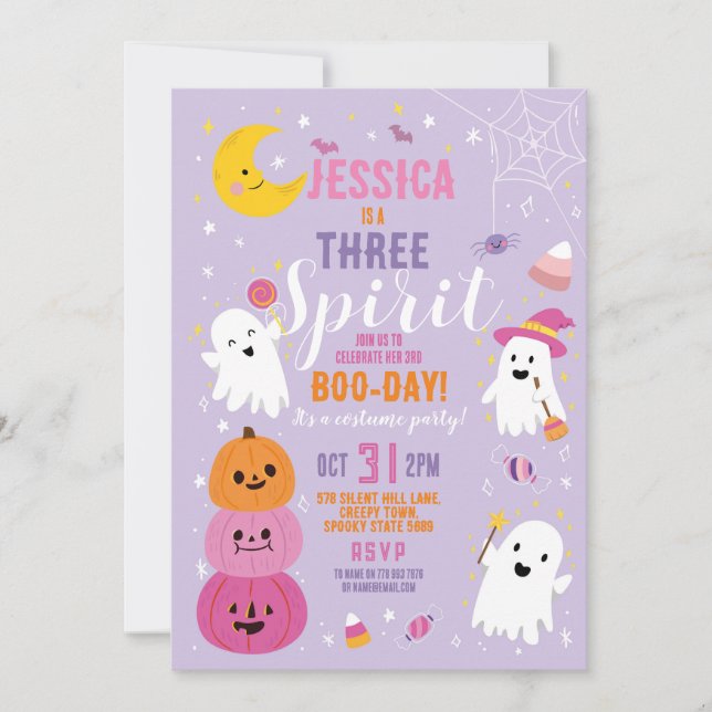 Invitación Halloween Cumpleaños TRES Chicas Fiesta Ghosts Pur (Anverso)