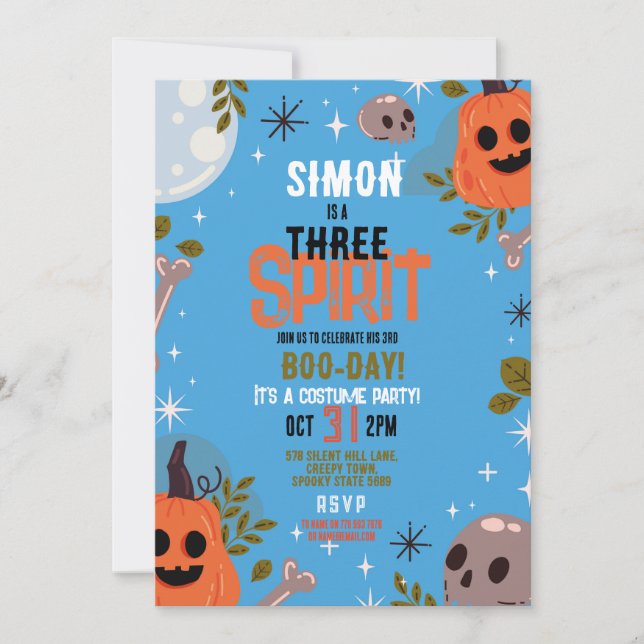 Invitación Halloween Cumpleaños TRES Niños Fiesta Fantasma Az (Anverso)