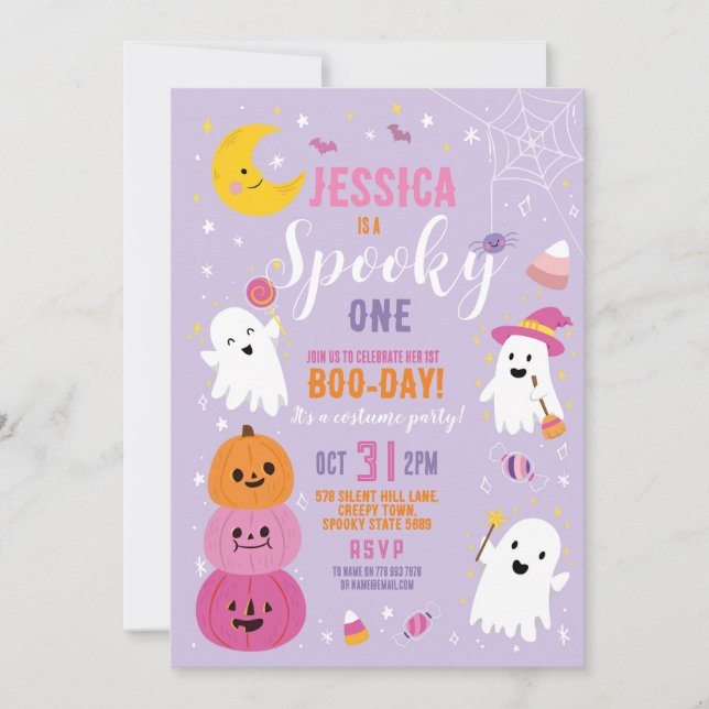 Invitación Halloween Cumpleaños UNO Chicas Fiesta Ghosts Purp (Anverso)