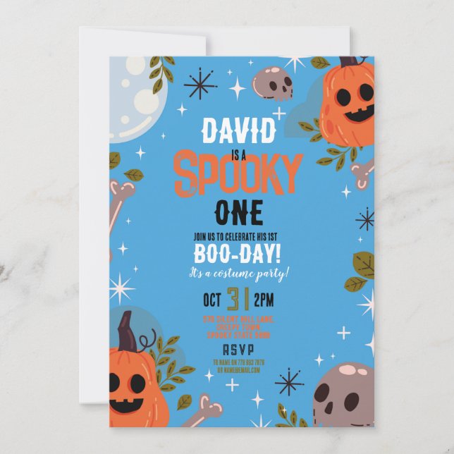 Invitación Halloween Cumpleaños UNO Niños Calabaza Fiesta Azu (Anverso)