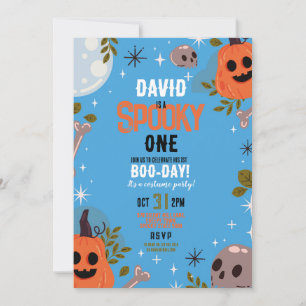 Invitación Halloween Cumpleaños UNO Niños Calabaza Fiesta Azu