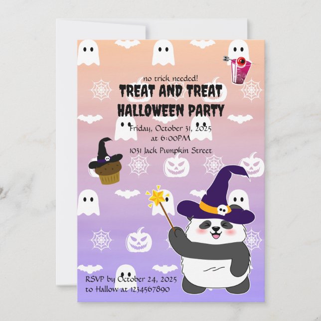 Invitación Halloween Curte Baby Panda Witch Magic Wand (Anverso)
