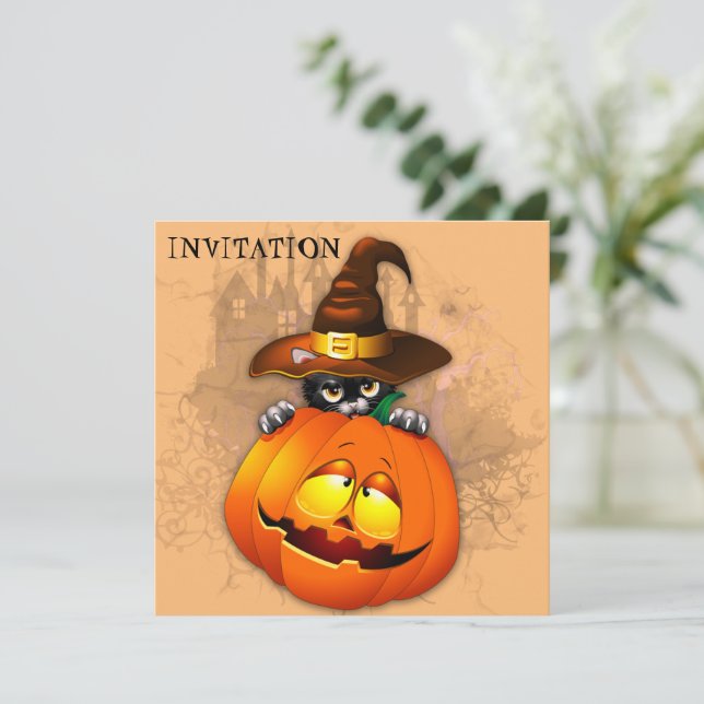 Invitación Halloween Curte Kitty Witch and Pumpkin Friend (Anverso de pie)