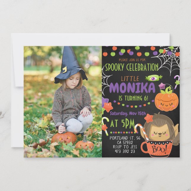 Invitación Halloween Cute Chalkboard Foto Cumpleaños (Anverso)