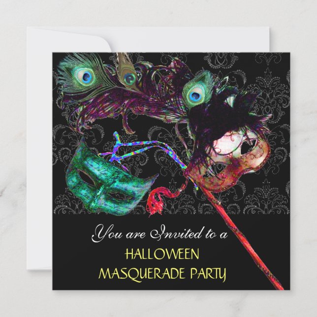 Invitación HALLOWEEN DAMASK MASQUERADE FIESTA azul negro (Anverso)