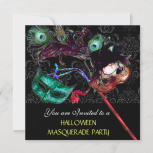 Invitación HALLOWEEN DAMASK MASQUERADE FIESTA azul negro