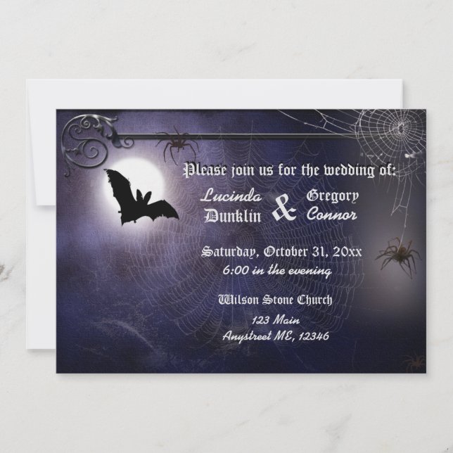 Invitación Halloween de Bat, Moon y Spiders (Anverso)