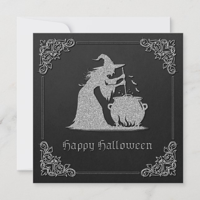 Invitación Halloween de Brujas y Calderones Plateados (Anverso)