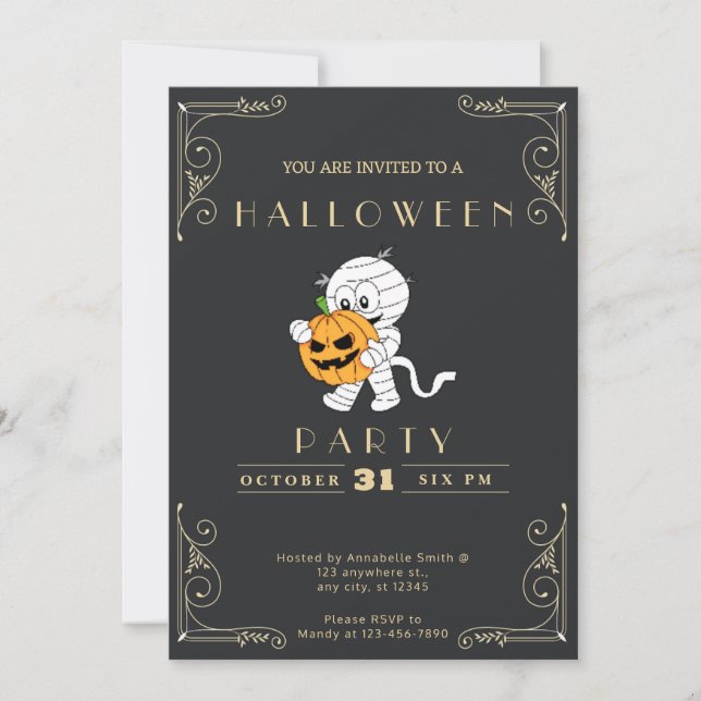 Invitación Halloween de calabacines Black & Gold Mummy & Pump (Anverso)