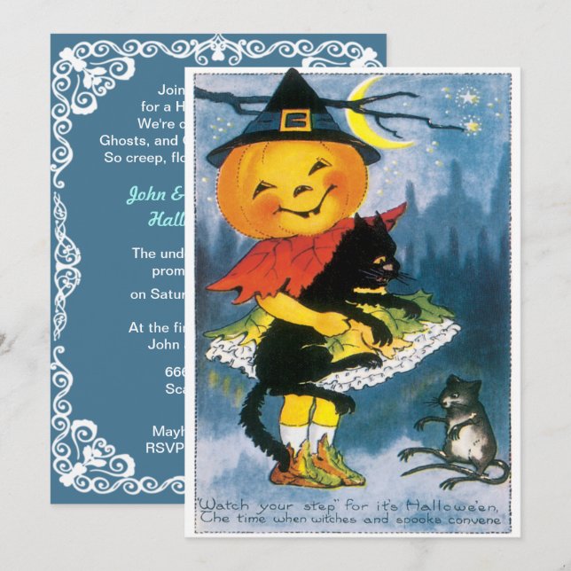 Invitación Halloween de calabaza barata vintage (Anverso / Reverso)