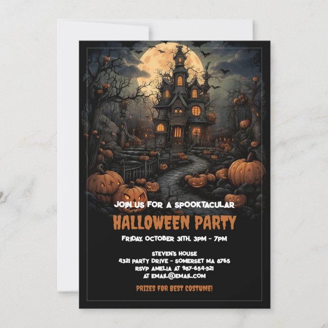 Invitación Halloween De Calabaza Con Casa Y Luna Atrapadas (Anverso)