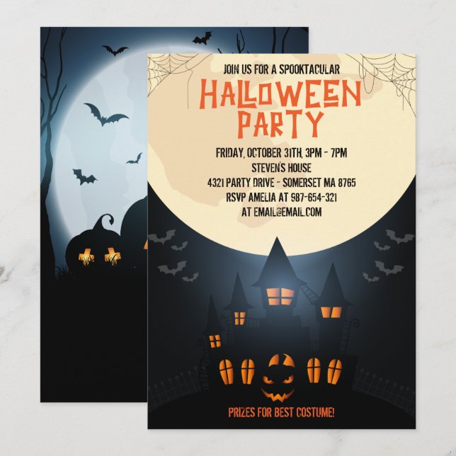 Invitación Halloween De Calabaza Con Casa Y Luna Atrapadas (Anverso / Reverso)