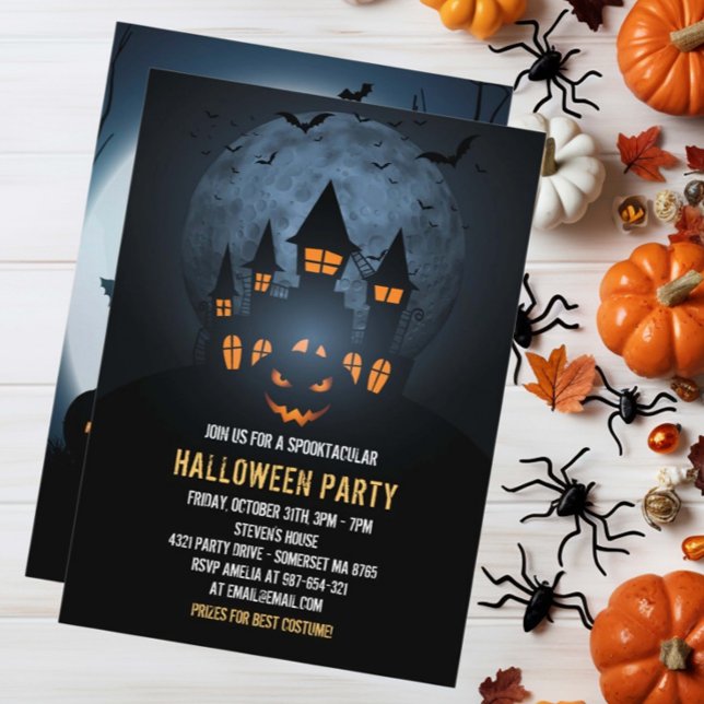Invitación Halloween De Calabaza Con Casa Y Luna Atrapadas (Subido por el creador)
