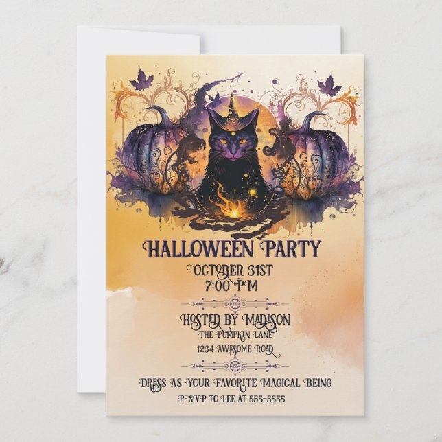 Invitación Halloween de calabaza otoñal para gato brujo (Anverso)