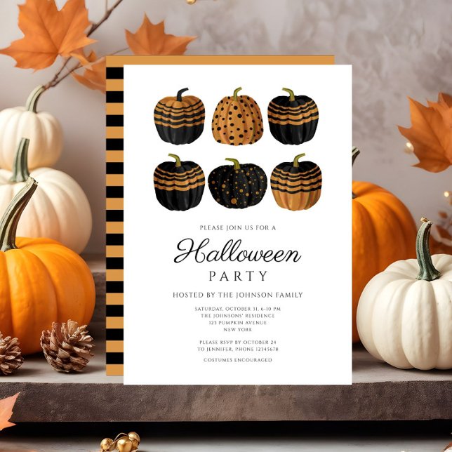 Invitación Halloween de calabazas negras de Naranja lindo (Cute Orange Black Pumpkins Halloween Invitation)
