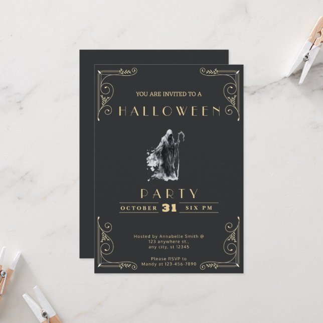 Invitación Halloween de Chalkboard Black & Gold Grim Reaper (Anverso/Reverso In Situ)