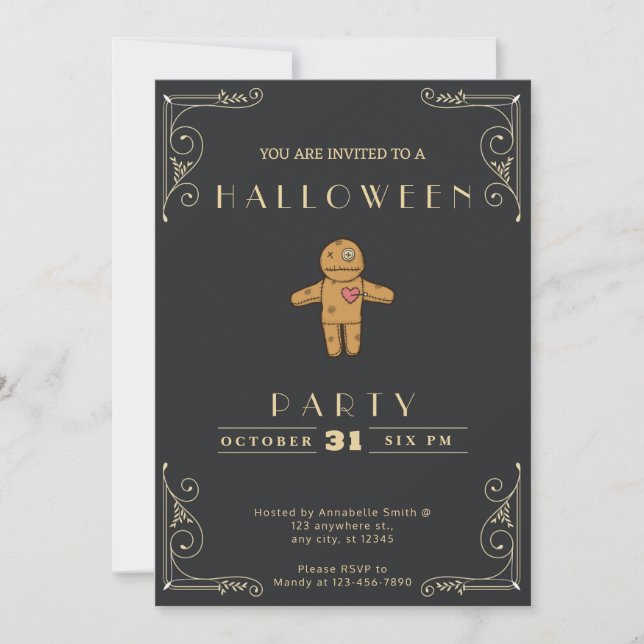 Invitación Halloween de Chalkboard Black & Gold Voodoo Doll (Anverso)