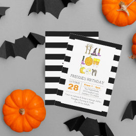 Invitación Halloween de color de agua Cumpleaños blanco y neg