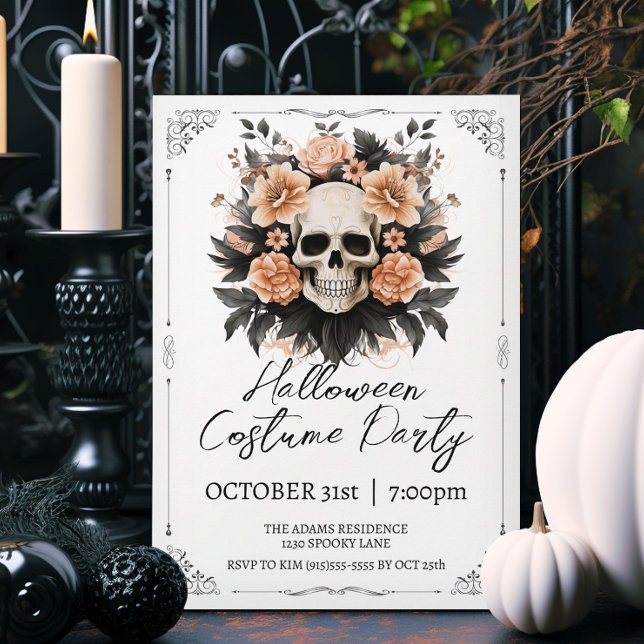 Invitación Halloween de cráneo vintage (Elegant vintage style Halloween party invitations.)
