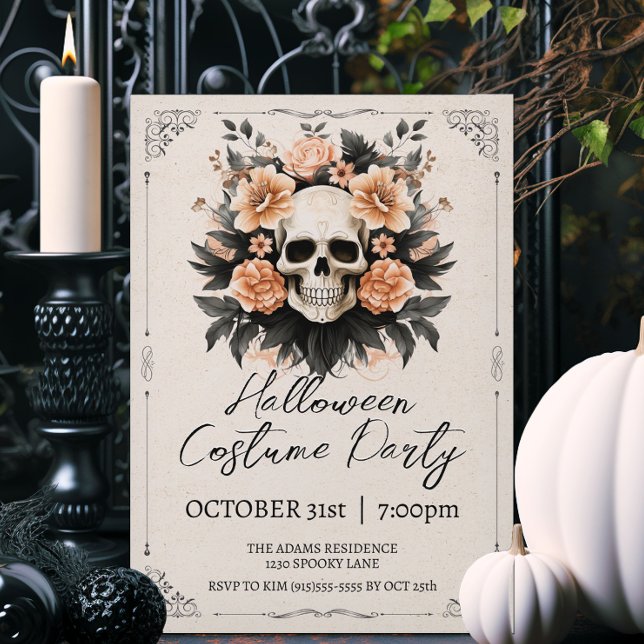 Invitación Halloween de cráneo vintage (Elegant vintage style Halloween party invitations.)