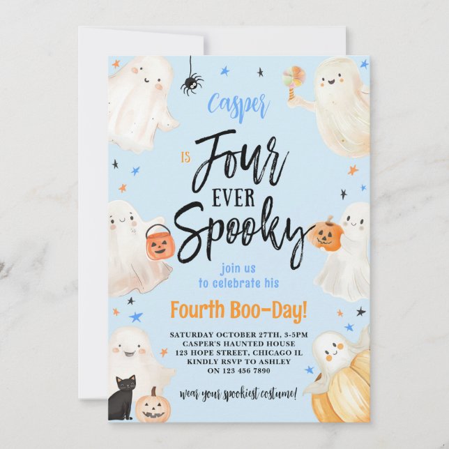 Invitación Halloween de cuatro años, niño espeluznante Fiesta (Anverso)