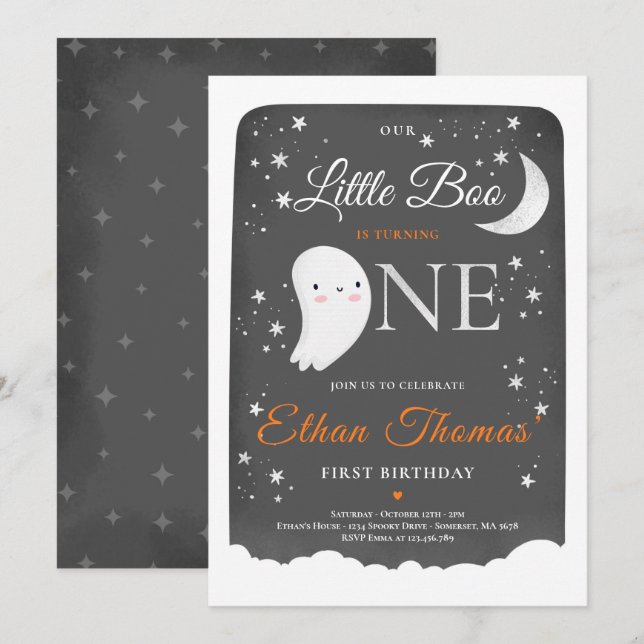 Invitación Halloween de cumpleaños de niño fantasma pequeño (Anverso / Reverso)