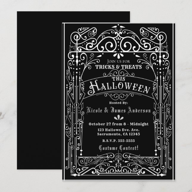 Invitación Halloween de deco victoriano blanco y negro (Anverso / Reverso)