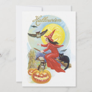 Invitación Halloween de época, bruja voladora con gato negro