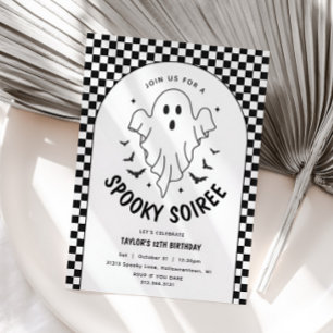 Invitación Halloween de Fantasma Retro Cumpleaños Blanco y Ne