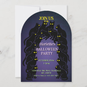 Invitación Halloween de gato negro en morado
