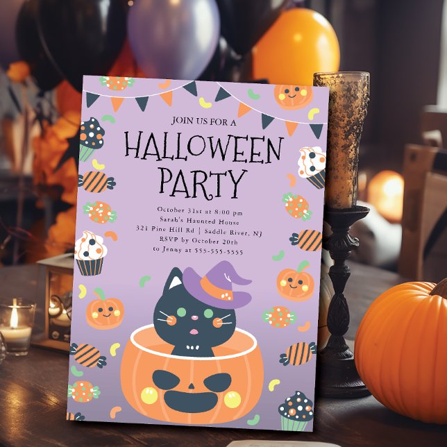 Invitación Halloween de Gato y Calabaza Whimsical (Subido por el creador)