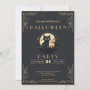 Invitación Halloween de gatos negros y dorados